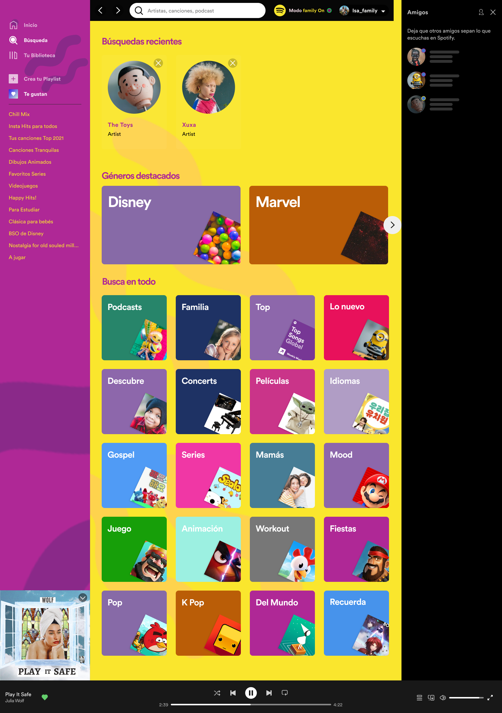Spotify Kids Mode UI — purple and yellow theme